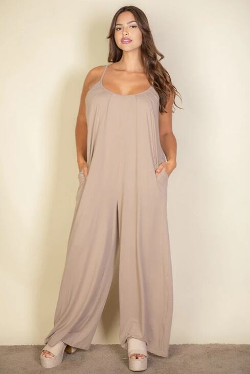 My Boutique Pants - Curvy Spaghetti Straps Taupe Wide Leg Jumpsuit 3X